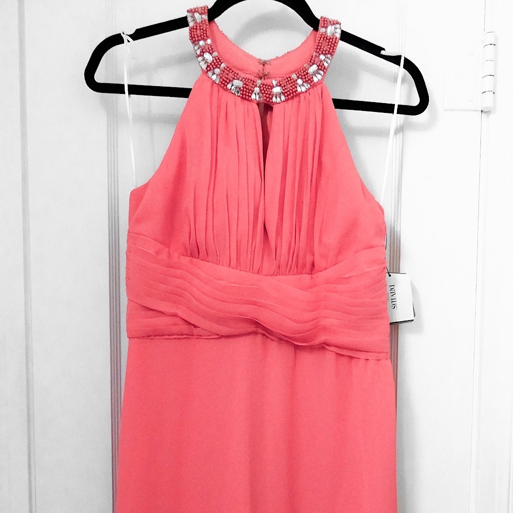 Coral Above the Knee Dress, Rhinestone Halter Neck